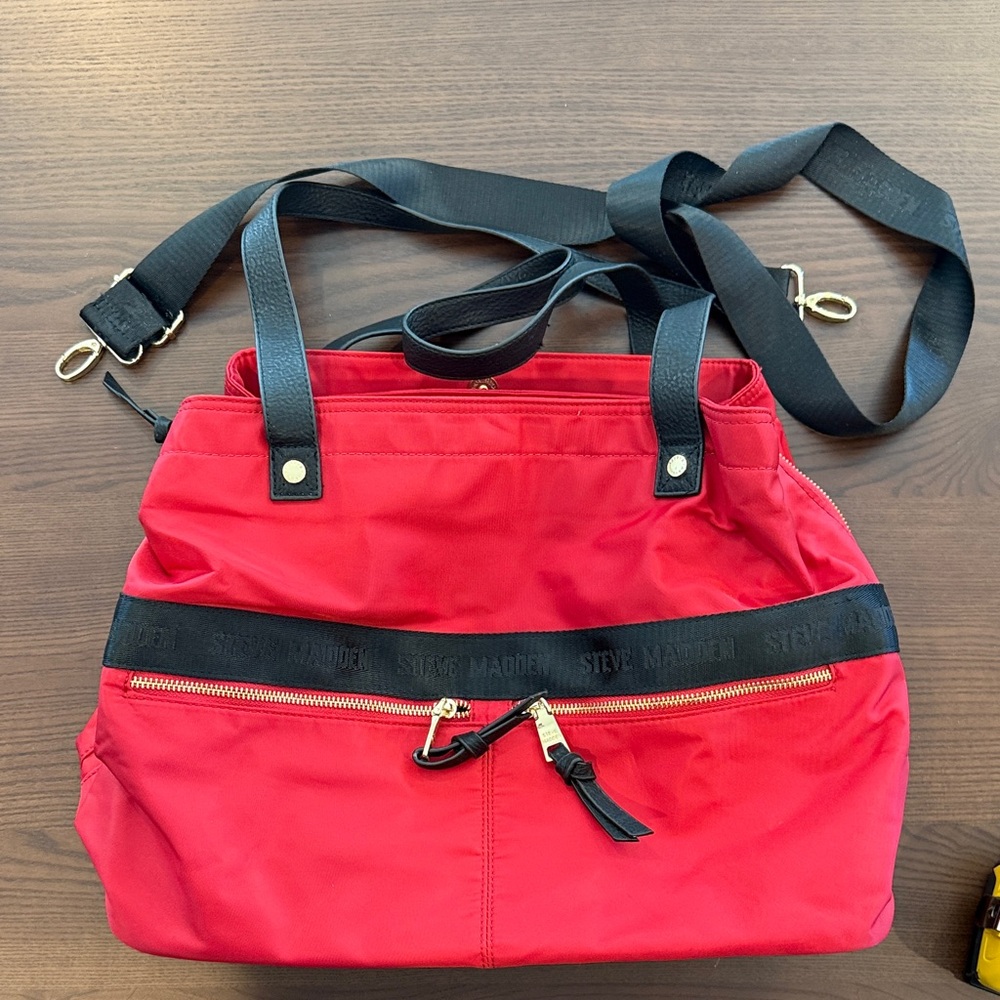 Steve Madden Red Nylon Shoulder Tote with Black Trim